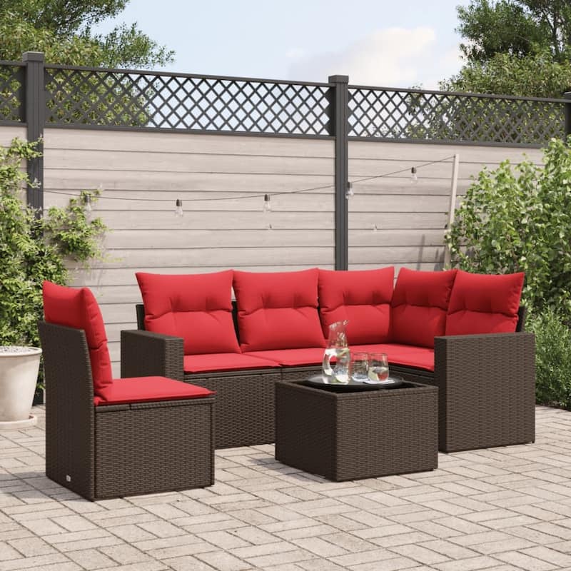 vidaXL Patio Sofa Set with Cushions Outdoor Conversation Furniture Poly Rattan - 25.8" x 24.4" x 27.2" - Brown and red with table