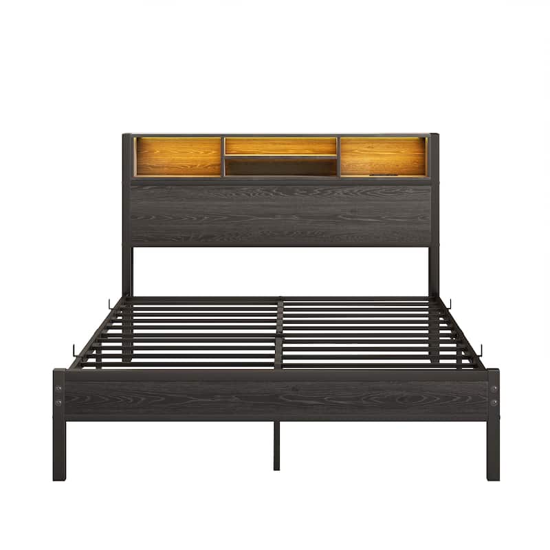 Bed Frame with Storage Headboard, Metal Platform Bed with Charging Station,Bookcase Storage