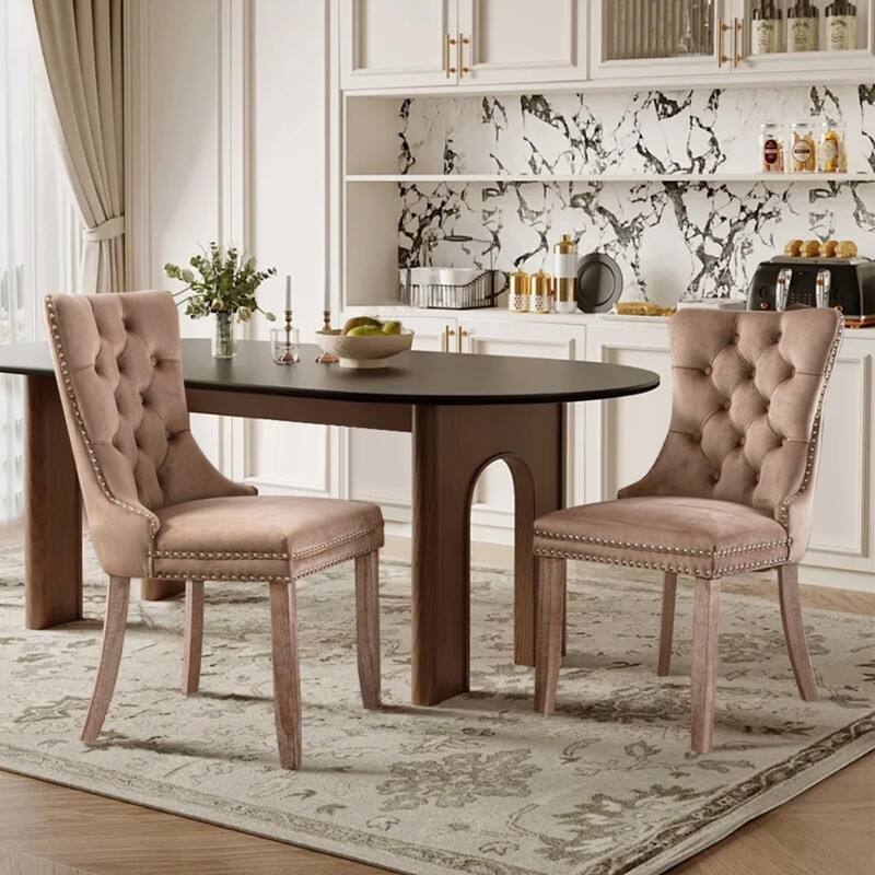 Tufted Naliheads Solid Wood Upholstered Dining Chairs (Set of 2) - Khaki RubberWoodLegs