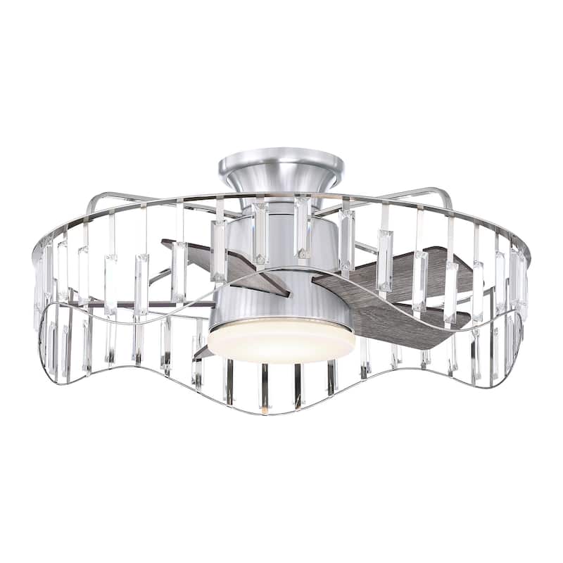 27" Modern Flush Mount Ceiling Fan Caged Crystal Fandelier Low Profile Ceiling Fan in Brushed Nicke