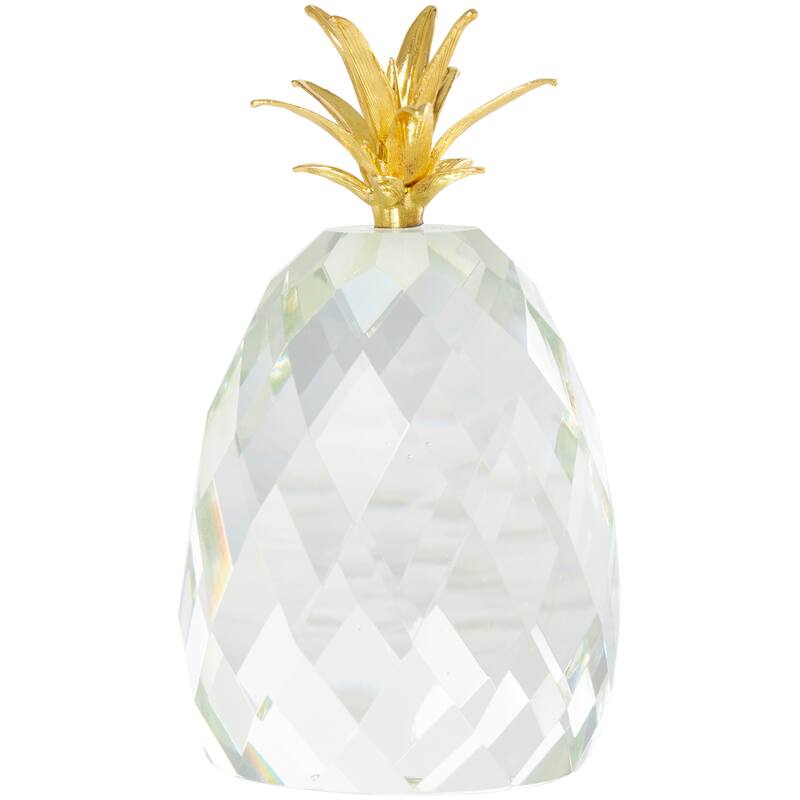 Clear Crystal Faceted Pineapple Fruit Decorative Sculpture with Gold Leaves (Set of 3)
