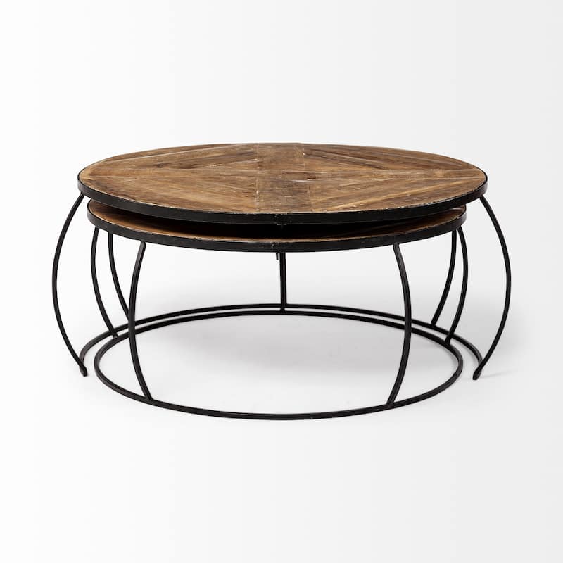 Clapp II Medium Brown Solid Wood Top w/ Black Iron Base Nesting Coffee Tables