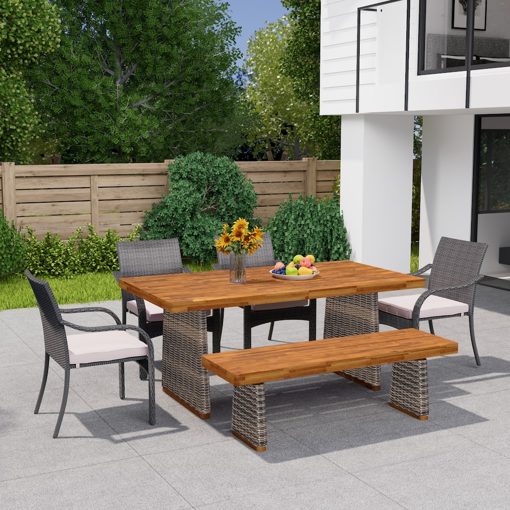 Christopher Knight Home - Marigold Outdoor Acacia Wood and Rattan 6 Piece Dining Set