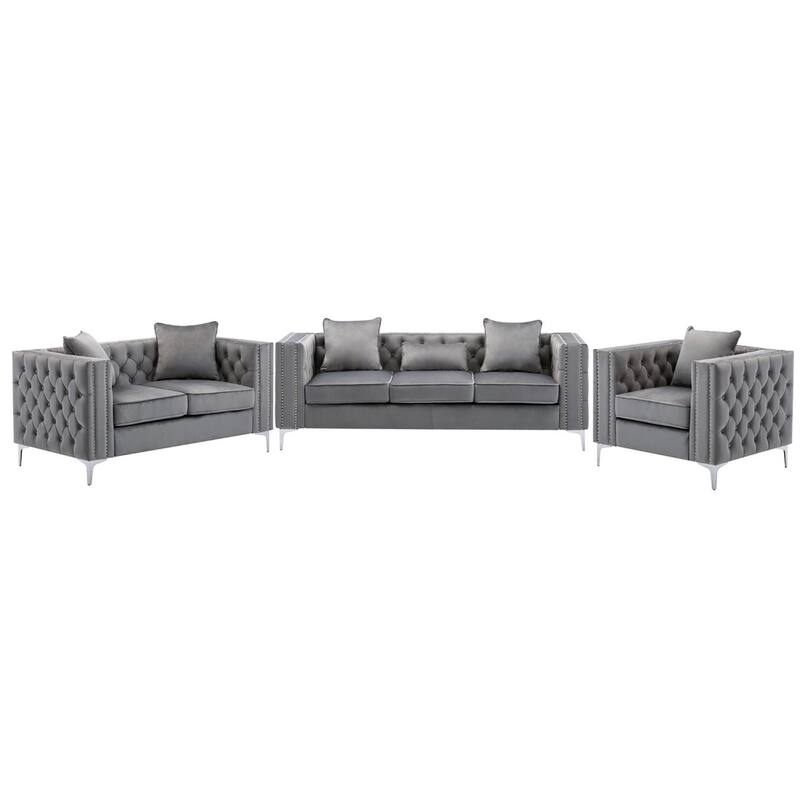 3 Piece Velvet Fabric Living Room Sofa Set - Grey