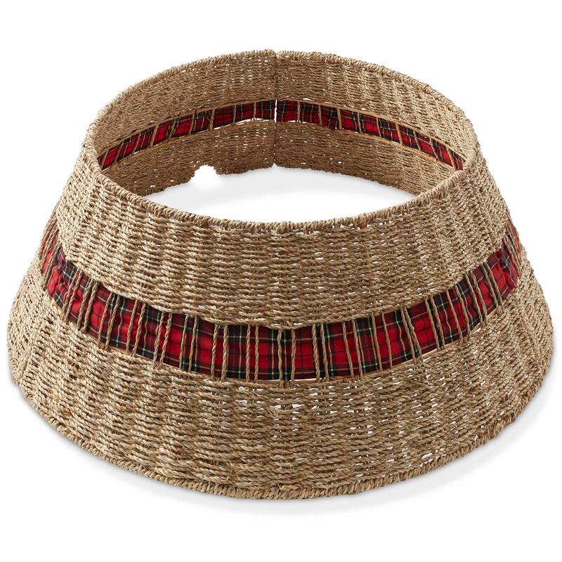 Christmas Tree Collar Woven Farmhouse Tree Base Cover Cord Cut Out - Natural Seagrass - Medium Round