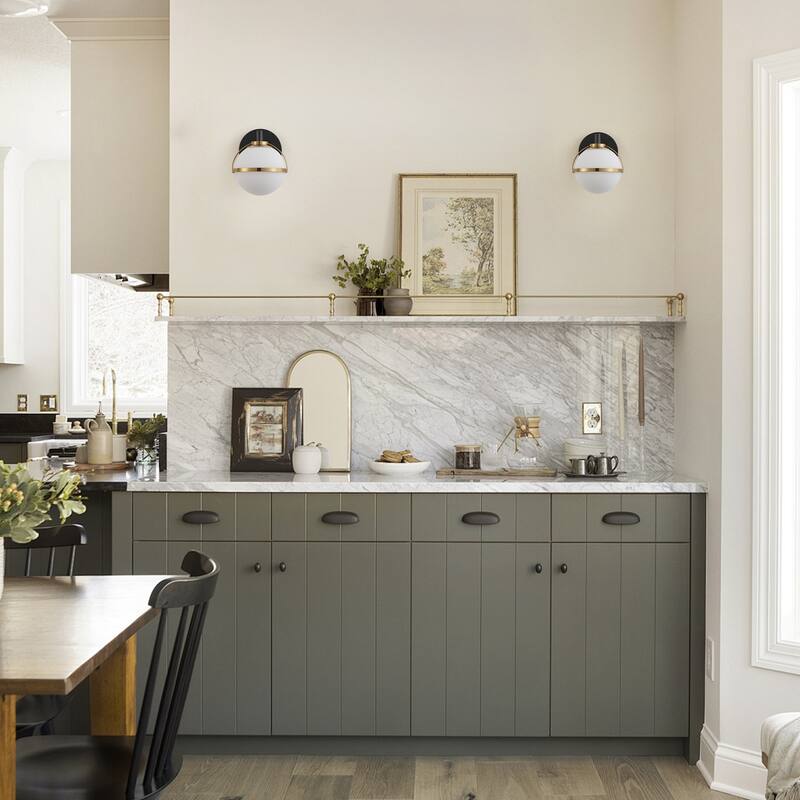 Aiwen Modern 1-Light Wall Sconce Matte Black & Brushed Gold Opal Acid Etched Glass Globe Shade