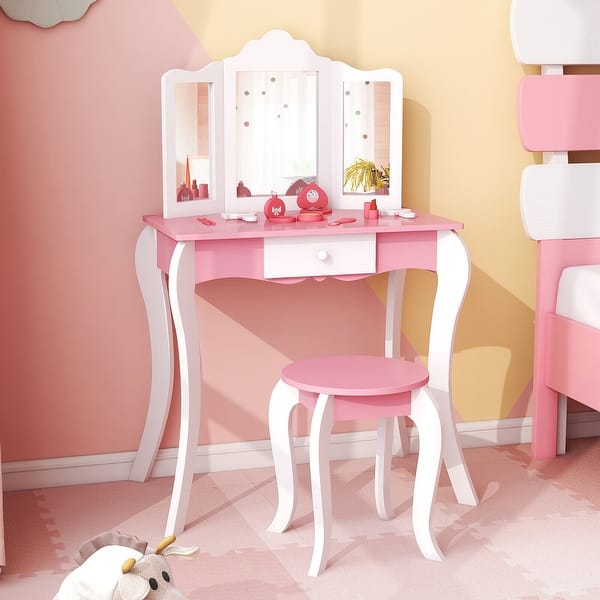 slide 2 of 9, Gymax Kid Vanity Table and Chair Detachable Tri-Folding Mirror Pretend White+Pink