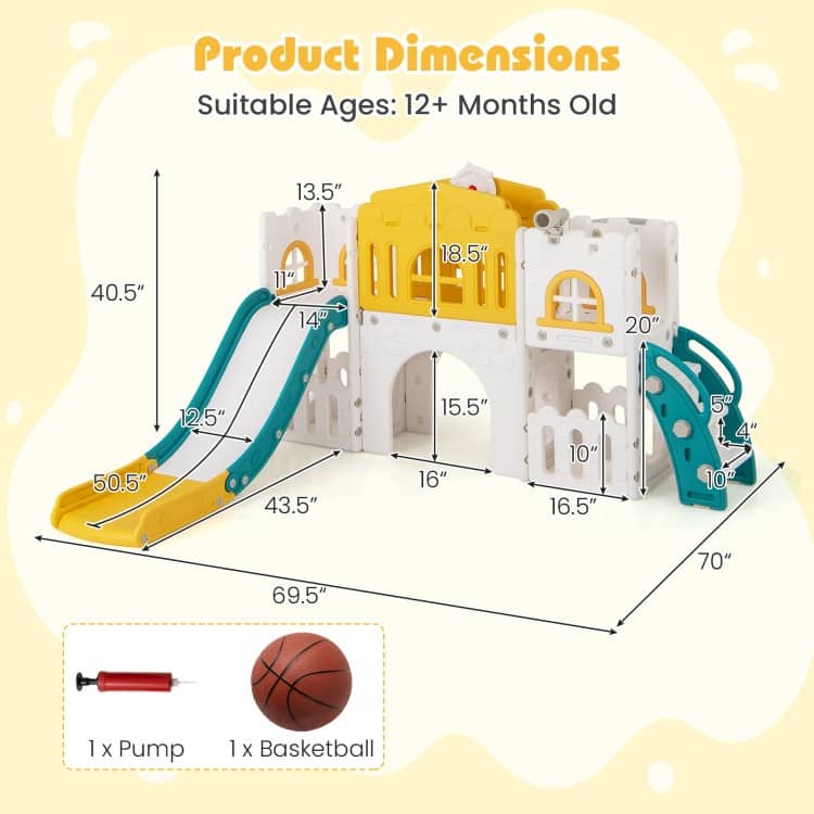 Yellow-Green-White HDPE Kids Slide Set with Climber, Tunnel and Hoop - 69.5" x 70" x 40.5" (L x W x H)