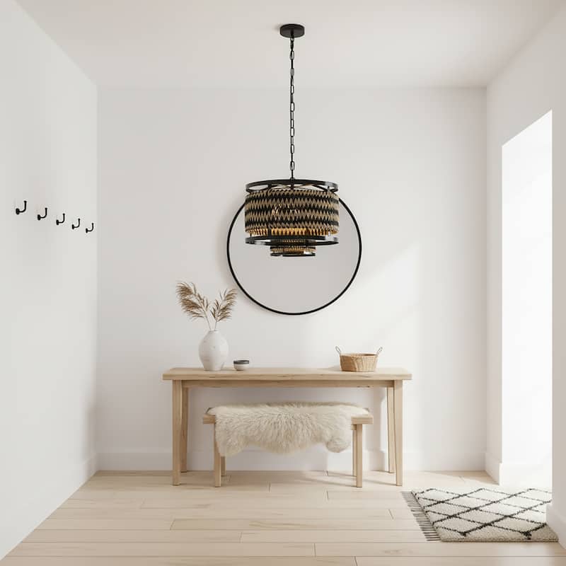 Inca 3-Light Rattan Hemp Drum Pendant, Scandi Coastal Boho - Handwoven - 18" Wide