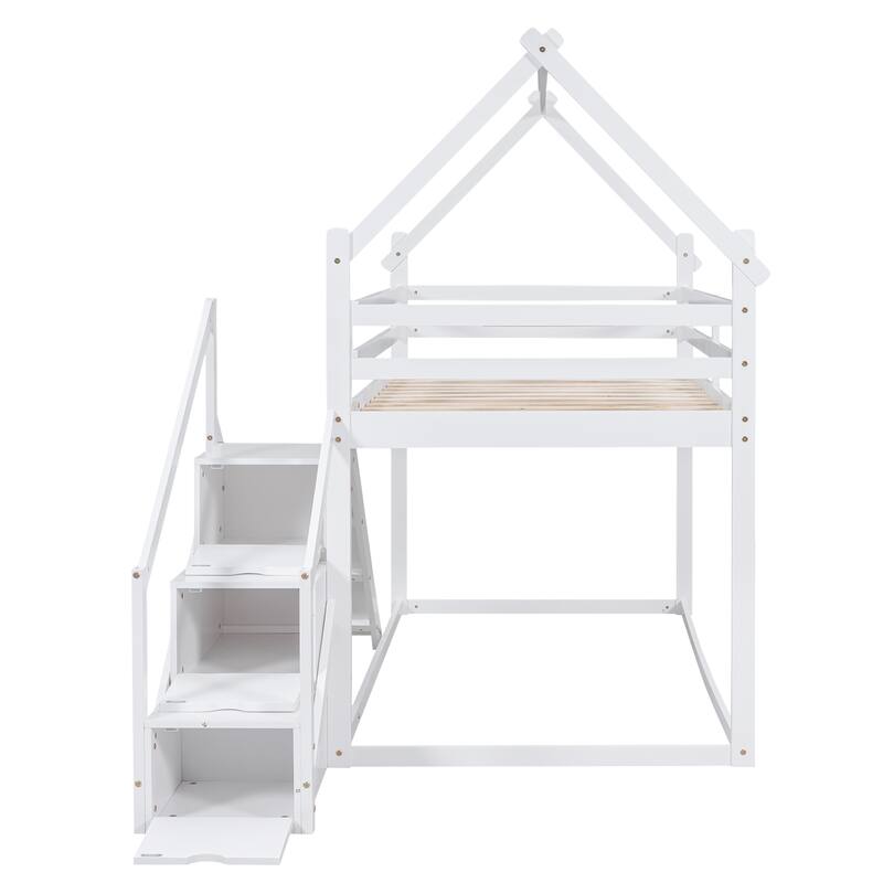 White Twin over Twin House Loft Bunk Bed with Slide, Staircase and Storage