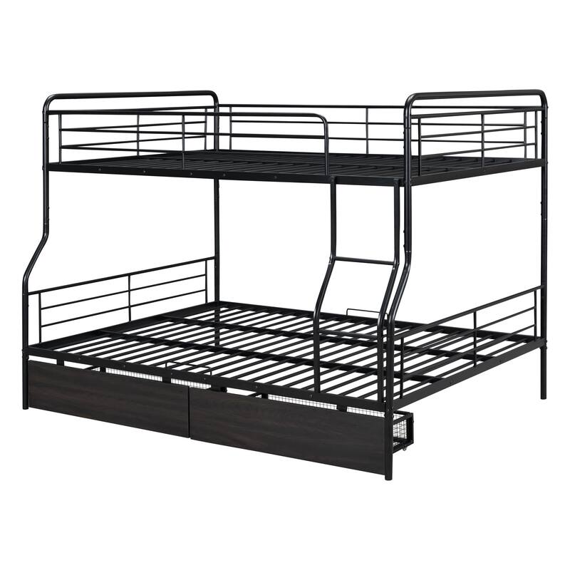HomeRoots Black Full Over Queen Contemporary Metal Bunk Bed With Drawers