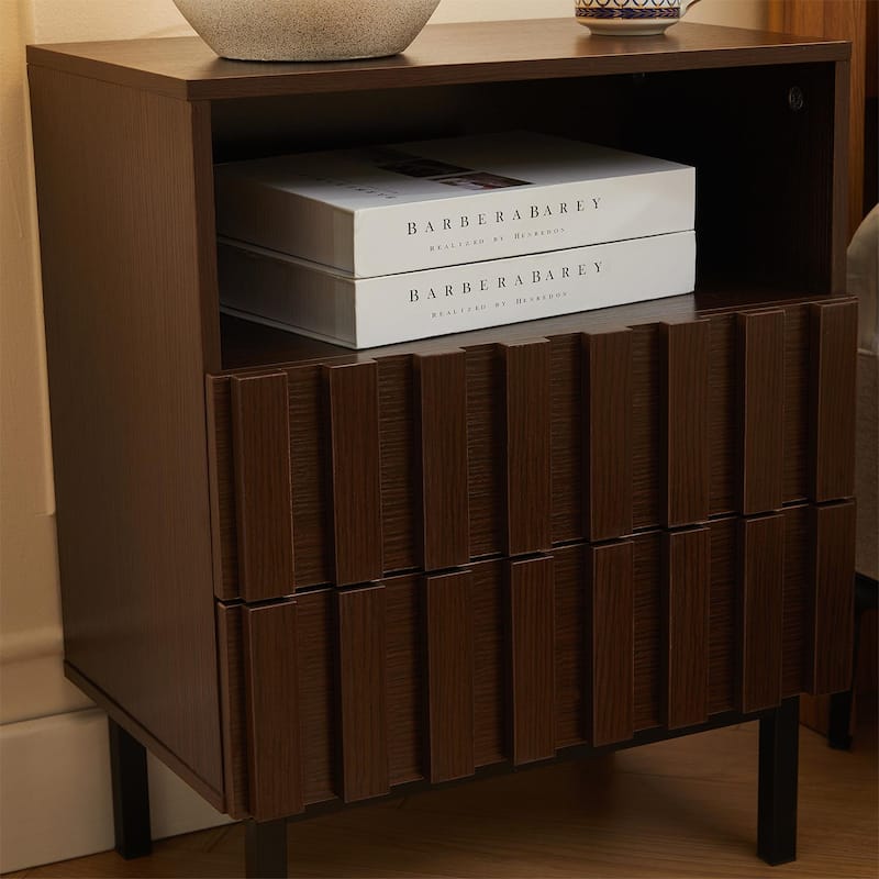 Mid Century Woodgrain Nightstand Pair 2 Drawers Bedside Table