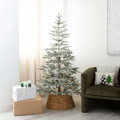 Pre-lit Slim Flocked Woodland Fir Christmas Tree - 6’ - Warm White LED Lights - 6 Foot
