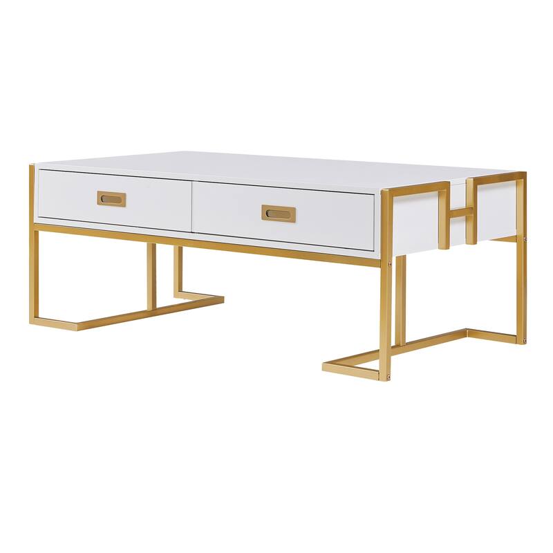 Luxury Coffee Table, Rectangular Center Table for Living Room, Modern Large Coffee Tables with 2 Storage Drawers & Gold Leg