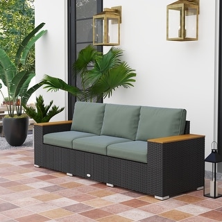 Outsunny 3-Seat Patio Sofa with Cushions, PE Rattan Outdoor Couch with Wood Grain Wide Armrests for Porch