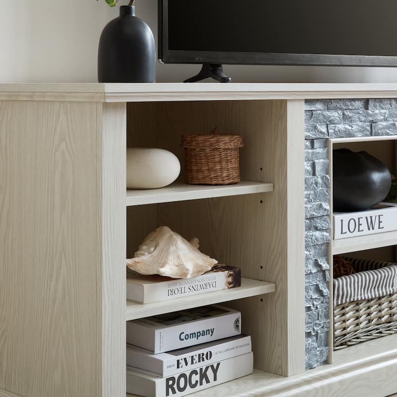 Large Storage TV Stand for TVs up to 75'' with Faux Stacked Stone, Adjustable Shelves and Cable Management