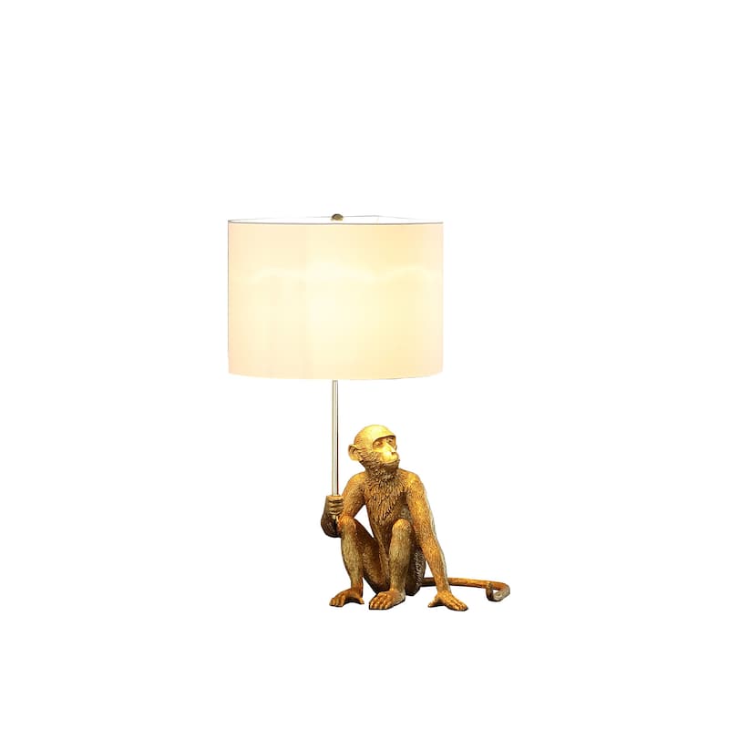 HomeRoots 26" Antiqued Gold Sitting Monkey Table Lamp With White - 18