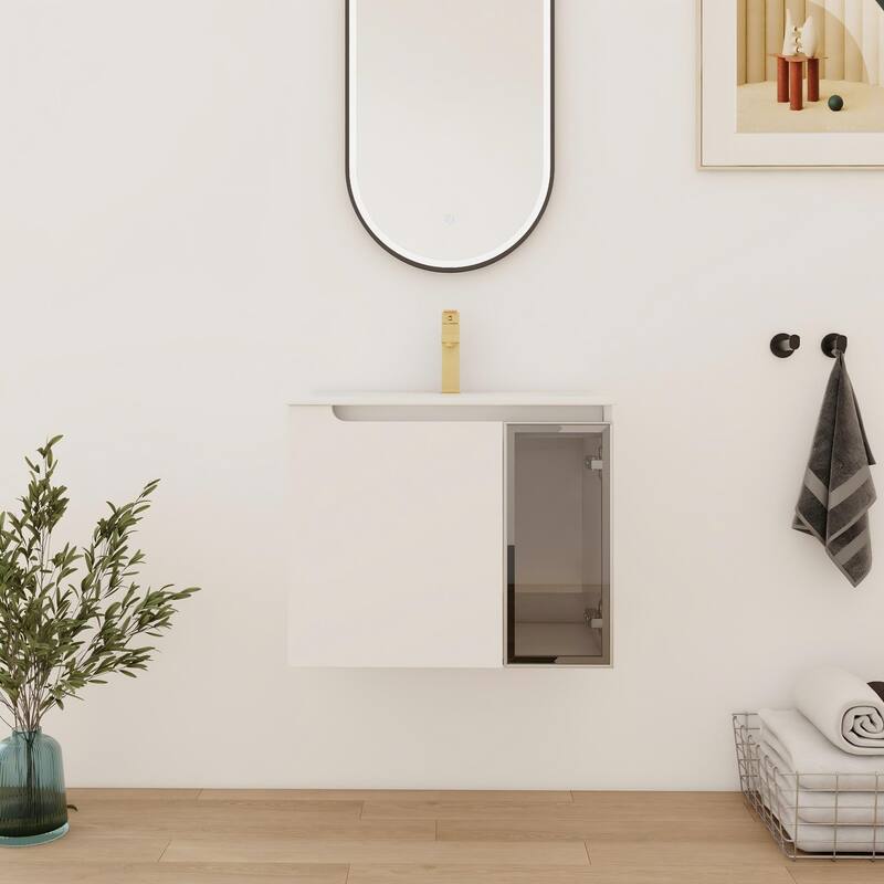 Bathroom Vanity With Sink In 24/30/36 Inch, Floating Bathroom Vanity With Soft Close Door - 24''W×18.3''D×19.7''H - Glossy White-Grey Glass