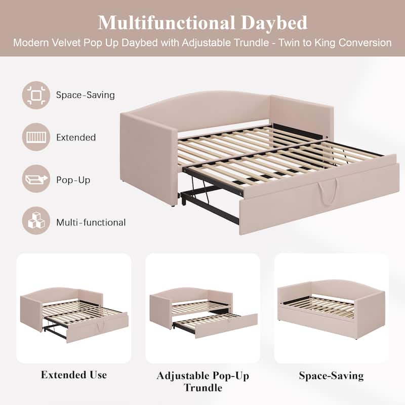 Daybed with Extended Pop Up Trundle, Twin to King Size Velvet Sofa Bed with Soft Padded Armrests