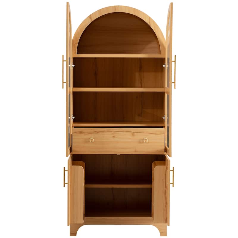 Farmhouse Pantry Cabinet with Arch, 71" Tall Multifunctional Storage with Glass Door, Hidden Drawer for Kitchen