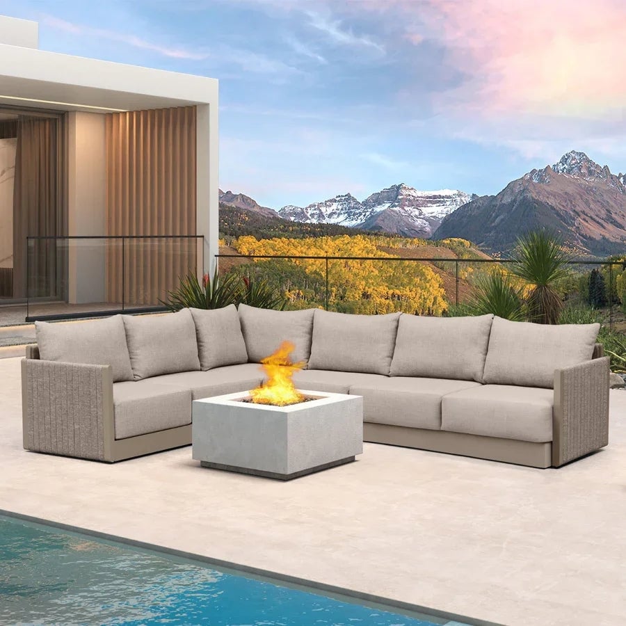 PURPLE LEAF Santorini 4-10 Piece Khaki Patio Sectional Sofa Set with Ottoman Cushions Poolside Garden Outdoor Conversation Sets