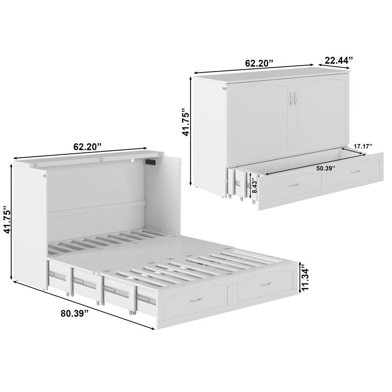 Marion Queen Murphy Bed Chest with 6" Mattress, Storage Drawer & Built-In Charger