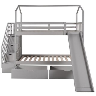 Gray Twin over Twin Wood House Bed Bunk Bed with 2 Drawers and Slide ...
