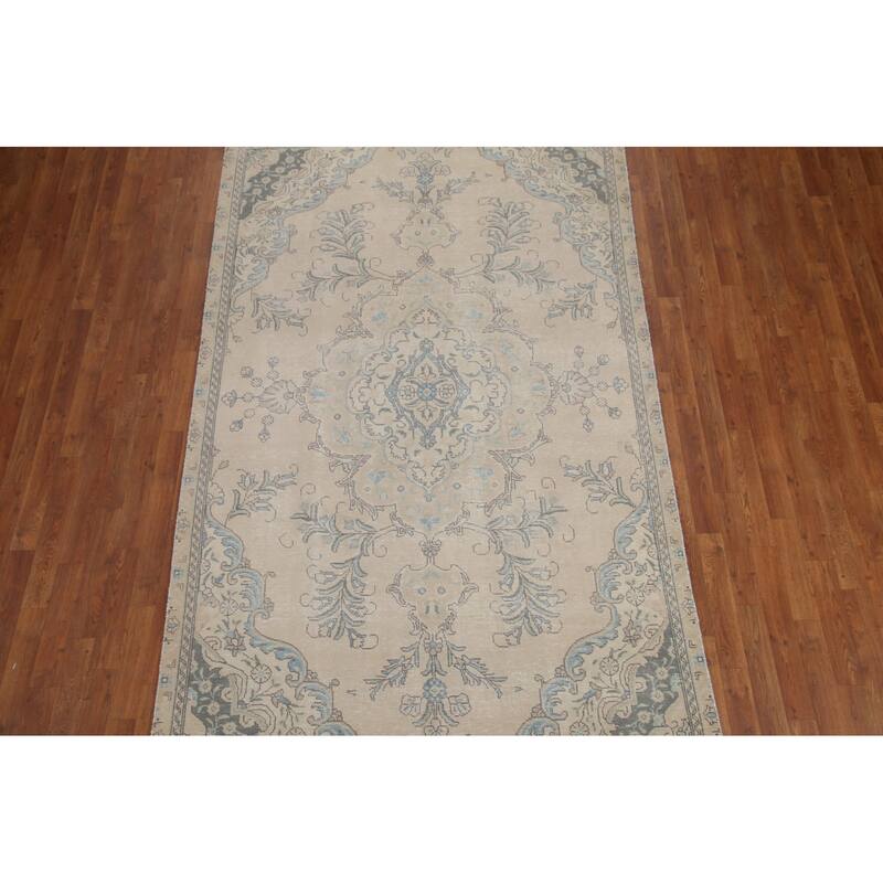 Hand Knotted Oriental 100% Wool Carpet Traditional Floral Beige & Ivories Tabriz Area Rug - 9' 2'' X 5' 6''