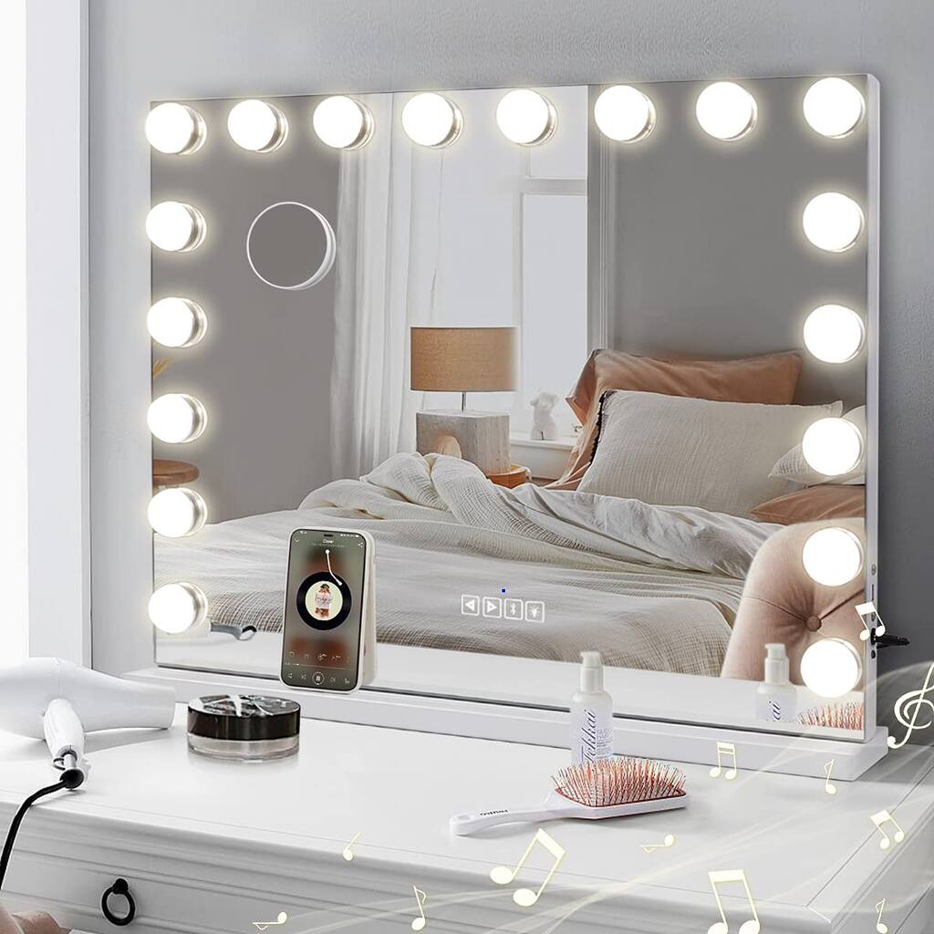 Large Hollywood Vanity Mirror with Lights Bluetooth 18 Dimmable LED Bulbs, 3 Color Modes Lighted