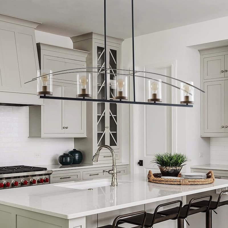 5-Lights Arch Dimmable Glass Adjustable Chandelier Kitchen Island Lights - 52.7"D×6.7"W×80.6"H (Adjustable) - Black - 52.7"D×6.7"W×80.6"H (Adjustable)