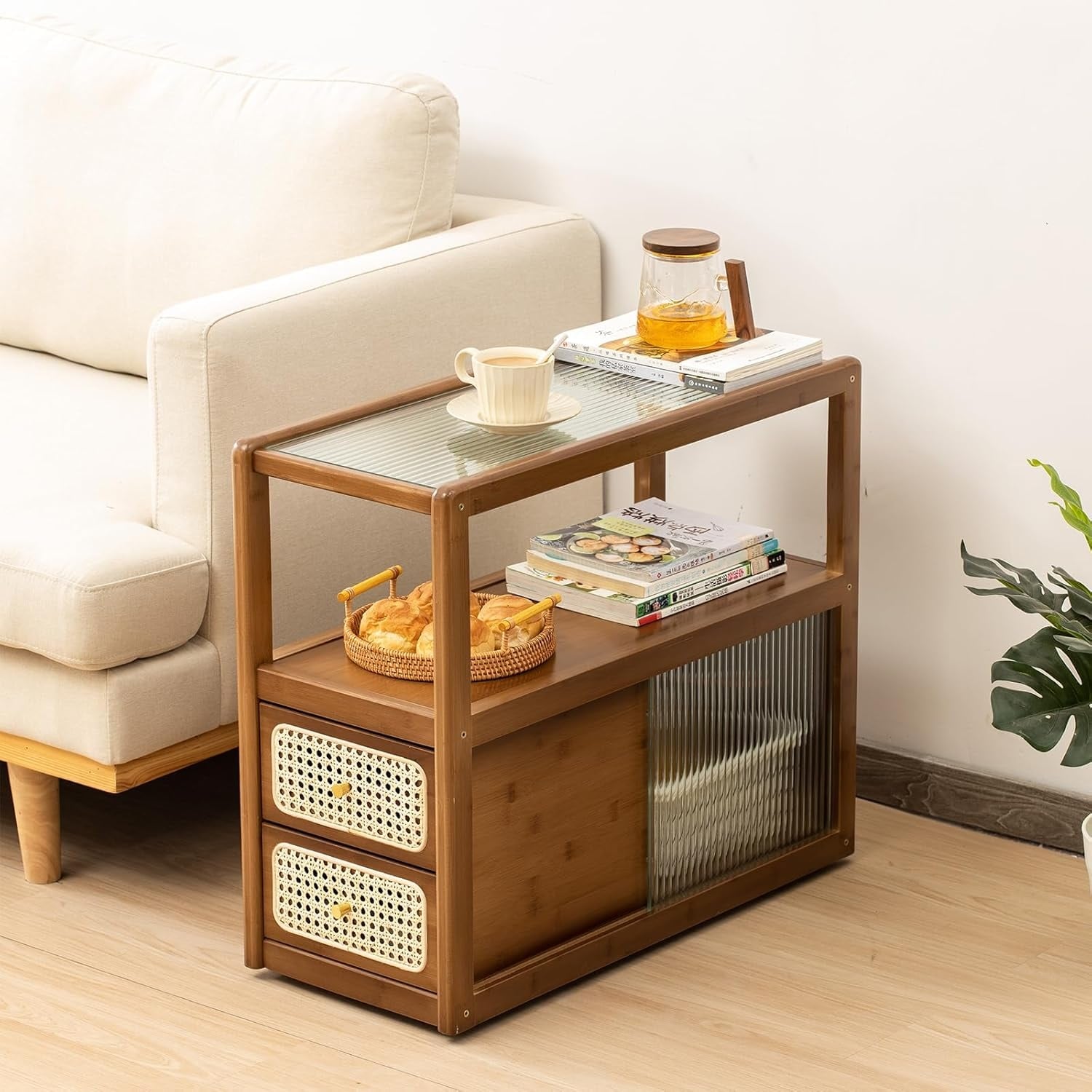 Rattan and Bamboo L-Shaped Nightstand with Glass Shelf, Compact End Table for Living Room and Bedroom