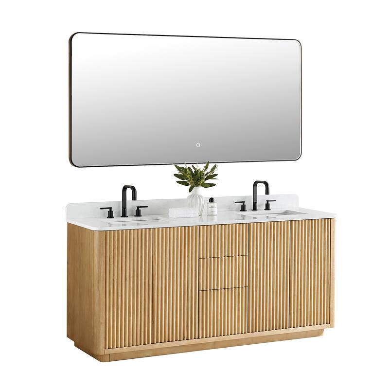Clayton Bathroom Vanity in Washed Light Brown with Grain White Engineered Stone Countertop with Mirror