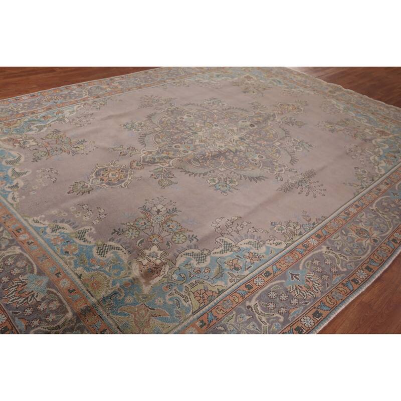 Beige & Gray Tabriz Persian Vintage Area Rug Handmade Wool Carpet - 9'4"x 12'5"