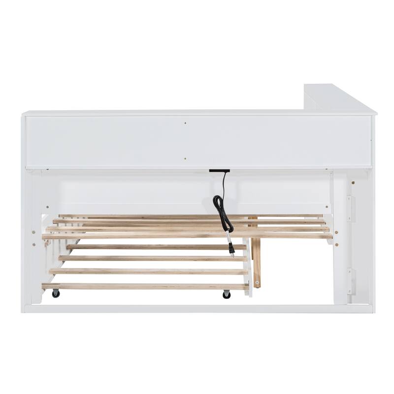White Wooden Full Size Daybed with Twin Trundle & Storage Shelf