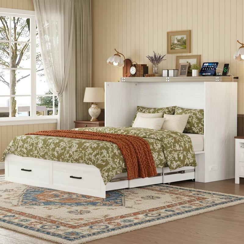 Rustic Fold-Out Murphy Cabinet Bed with Charging Ports & Deep Storage Drawer by Harper&Bright Designs