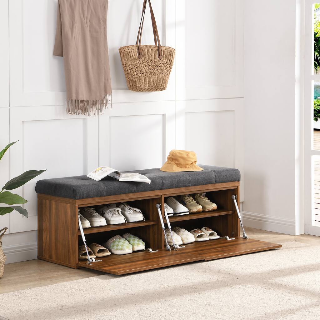 49" Entryway Shoe Storage Bench with Double Doors & Padded Cushion,Space-Saving Ottoman