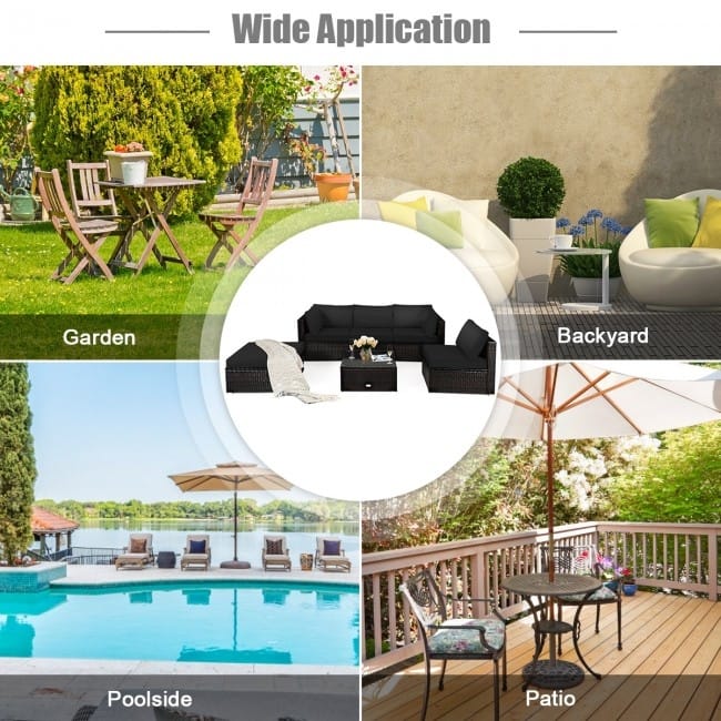 6 Pieces Outdoor Patio Rattan Furniture Set Sofa Ottoman with Coffee Table - 30'' x 30'' x 26''(L x W x H)