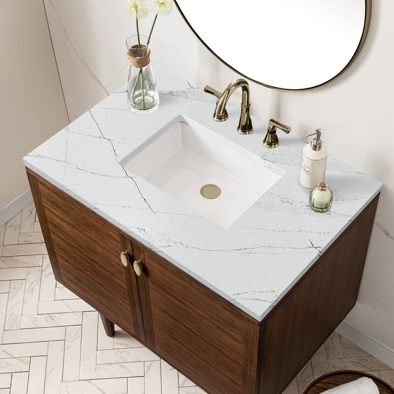 James Martin Vanities Amberly 36" Single Vanity, Mid-Century Walnut - Ethereal Noctis Quartz