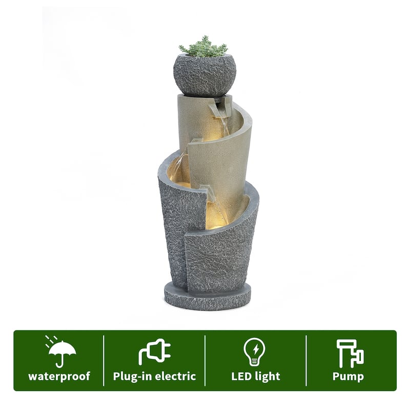 Gray Resin Cascading Spiral Outdoor Fountain with LED Lights