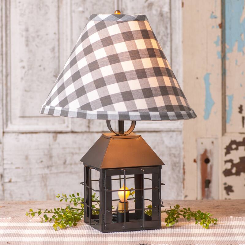 Irvins Country Tinware Colonial Lantern Lamp With Gray Check Shade - 18 X 13.5 X 13.5 inches