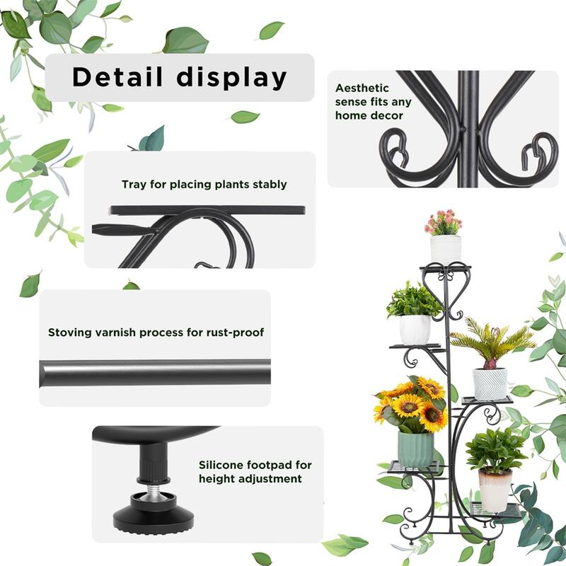 Tall Plant Stand 5 Tiered Iron Plant Shelf Garden Display Rack Indoor Outdoor