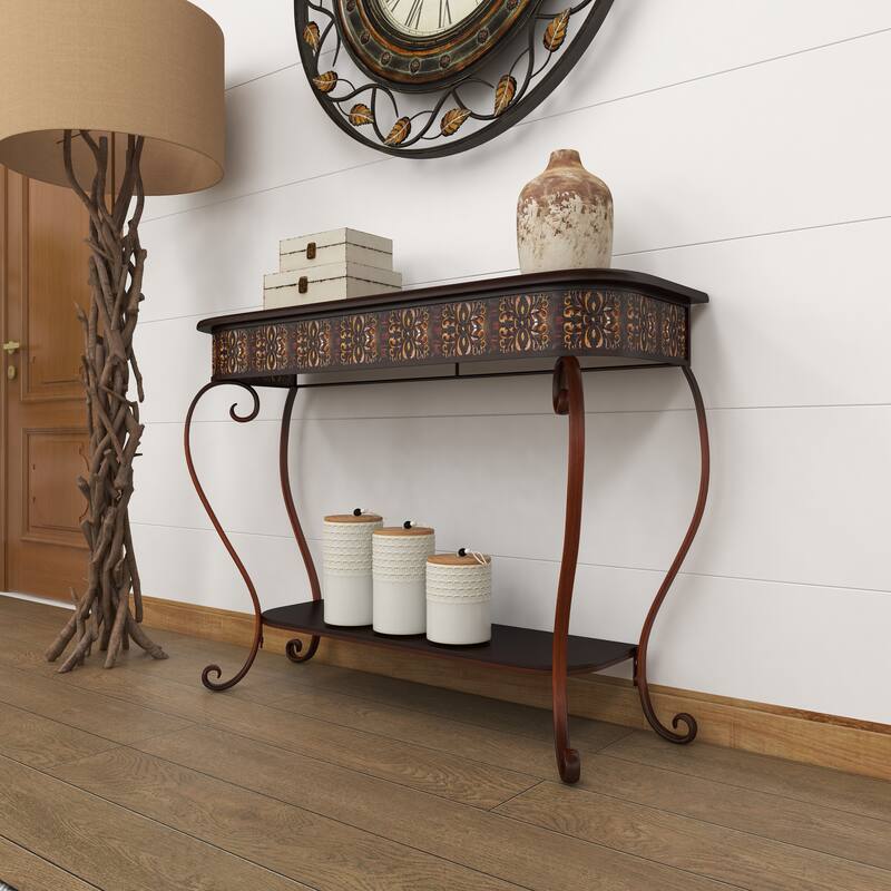 Brown Metal Embossed 1 Shelf Floral Console Table with Ornate Scroll Legs