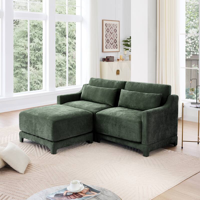 73.2" Chenille 2-Seater Sofa with Ottoman, 2 Pillows & Solid Wood Frame - Green