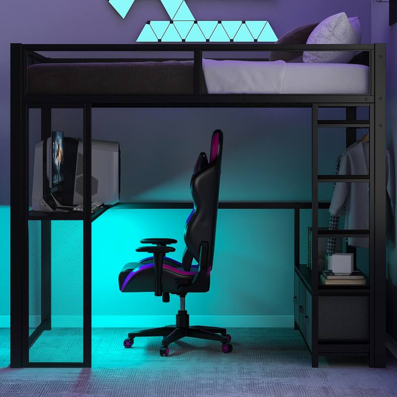 Full Size Black Metal Gaming Loft Bed with LED Lights, Built-in Desk, Wardrobe & 3 Storage Drawers