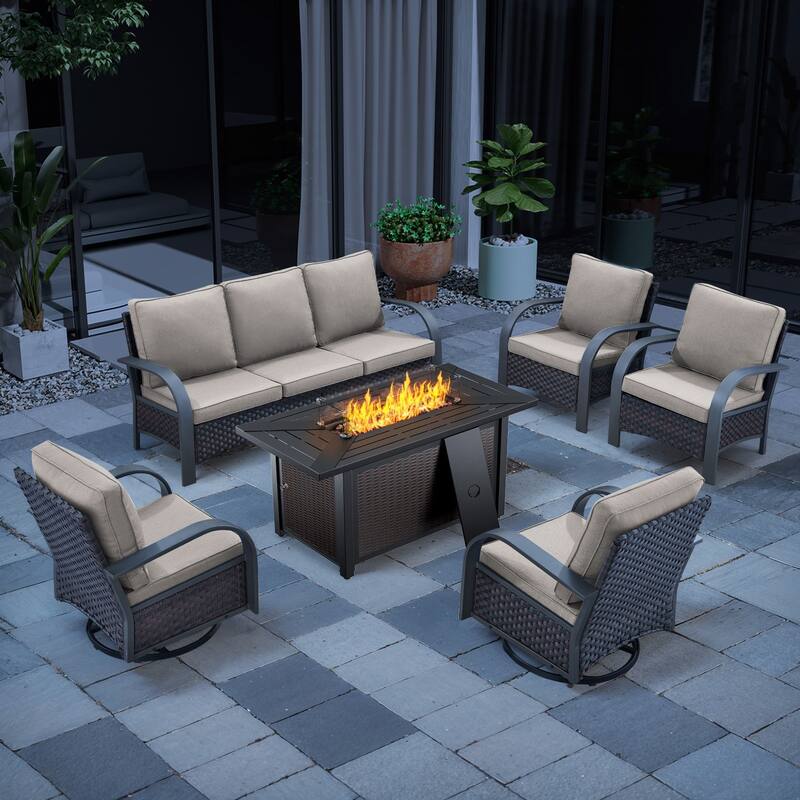 6 Pieces Patio Furniture Sets with Fire Pit Table - Beige Cushion - Brown - Beige - Brown
