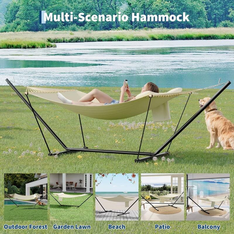 Heavy Duty Portable Double Hammock with Stand for Outdoor Patio, Garden, Beach, Backyard
