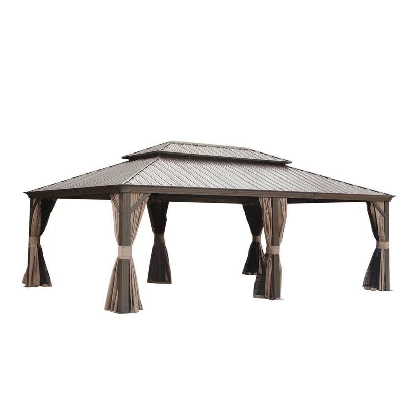 GDFStudio - Terry Outdoor Aluminum Hardtop Gazebo with Galvanized Steel Double Roof, Curtains & Netting - 14x22FT - Brown