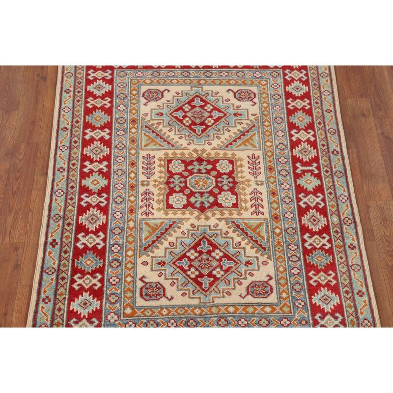 Geometric Beige Kazak Accent Rug Hand-Knotted Oriental Wool Carpet - 3'4" x 4'9"