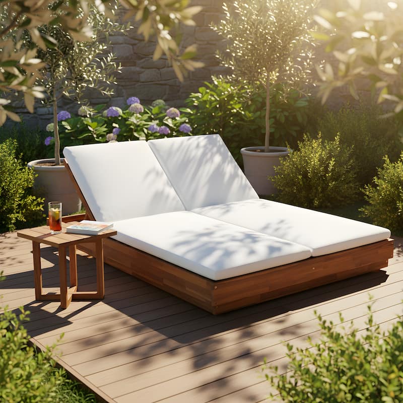 Christopher Knight Home - Outdoor Acacia Wood 5-Position Adjustable Double Chaise Lounge Set with 18" Square Slat Side Table