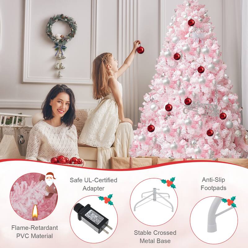 Gymax 6FT Pink Artificial Christmas Tree Pre-lit Hinged Snow Flocked